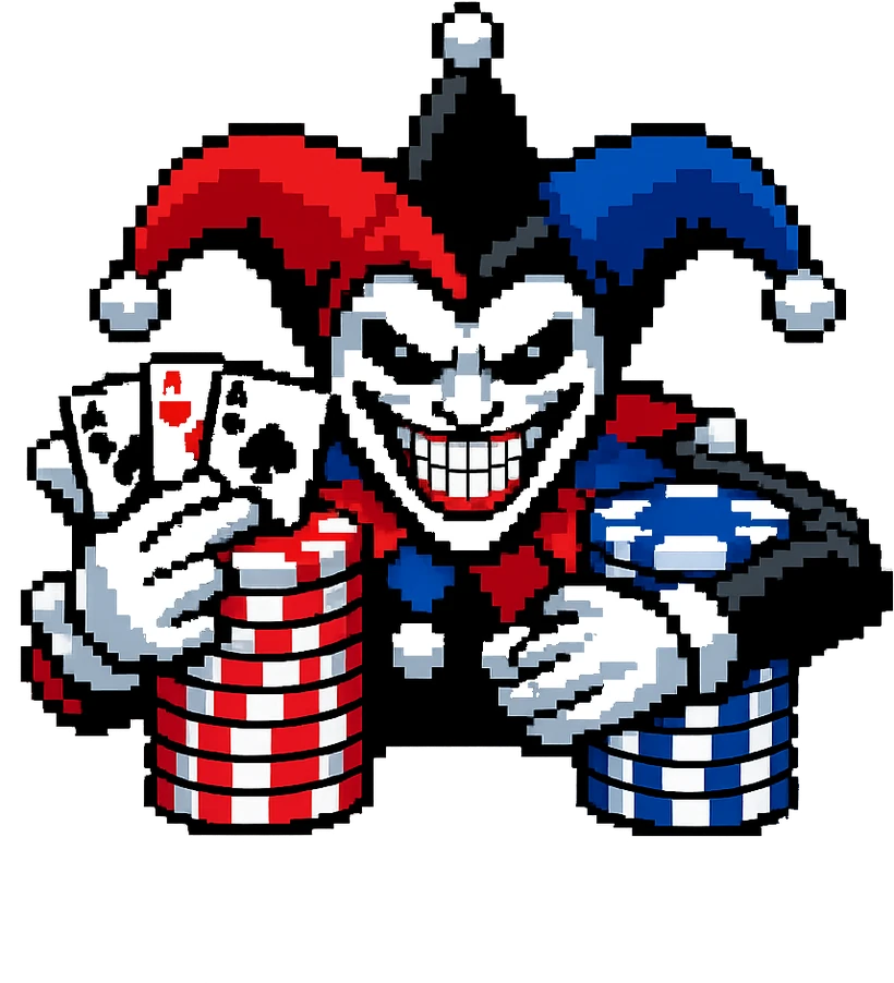 The BOOKIE joker behind the counter, hugging the house's chip stacks and holding three cards